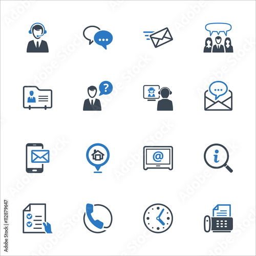 Contact Us Icons Set 2 - Blue Series. Set of icons representing customer assistance, customer service and support.
