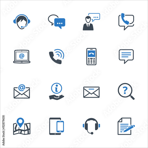 Contact Us Icons Set 3 - Blue Series. Set of icons representing customer assistance, customer service and support.
