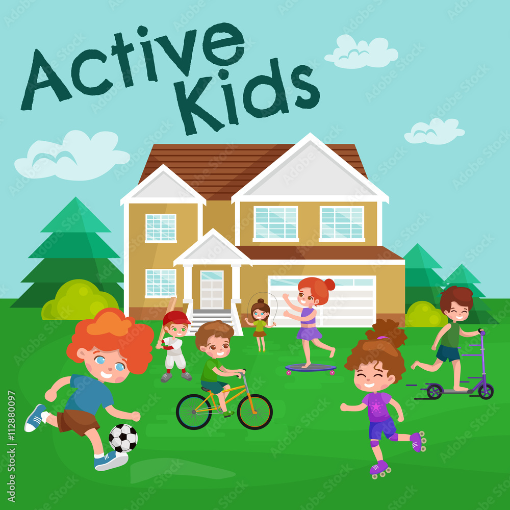 Naklejka premium Kids sport, isolated boy and girl playing active games vector