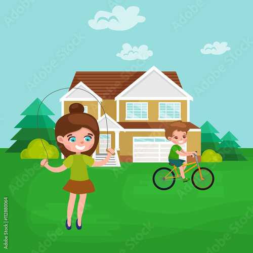 Little girl playing skipping rope outdoor, athletics kid vector
