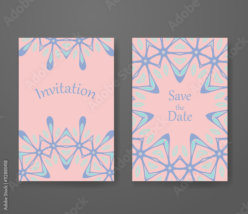 Business card with trendy colors rose quartz and serenity. Flyer template set, invitation collection, abstract elegant pattern vector design.