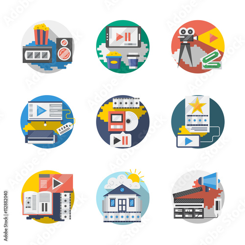 Cinema industry detailed flat vector icons set