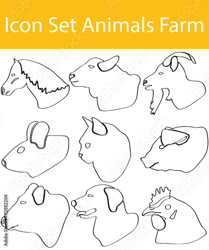 Drawn Doodle Lined Icon Set Animals Farm