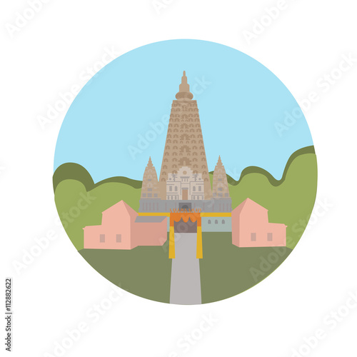 Mahabodhi Vihar Temple vector icon sign. Buddhist religious temple in Bodh Gaya. World famous landmark UNESCO World Heritage Site. vector flat design. Website application button. Postcard, stamp, card