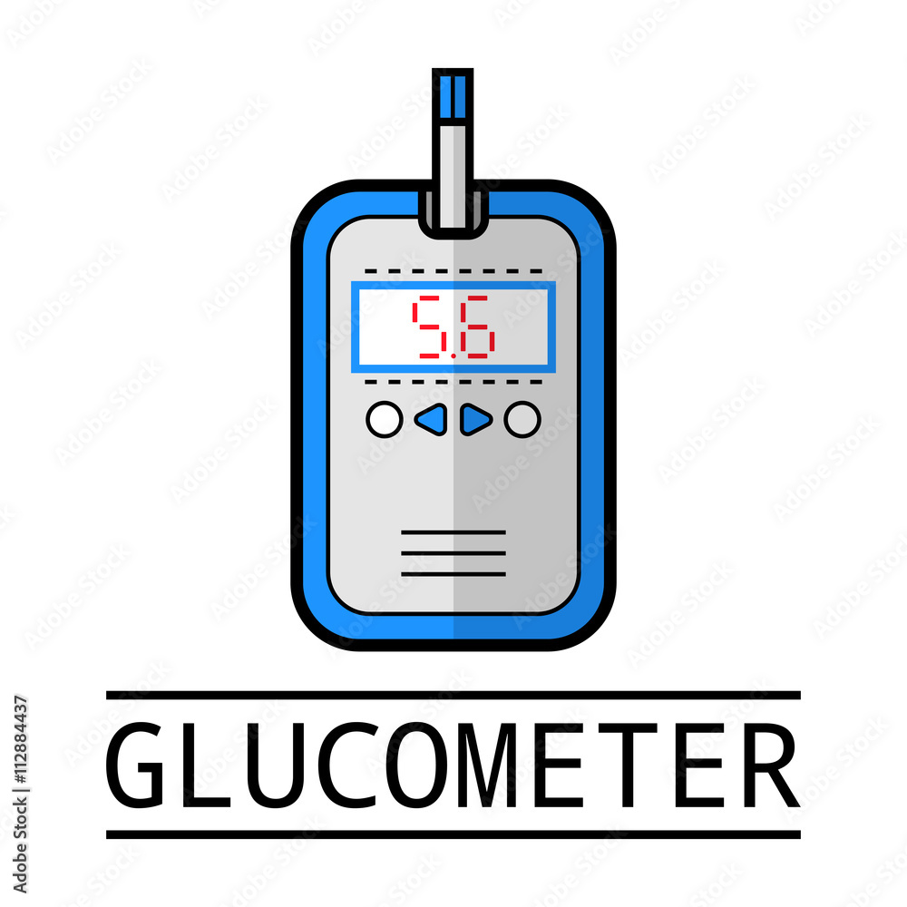 Glucometer, test strip. Label, flat icon, medical equipment. Diabetes Glucometer, test strip. Label, flat icon, medical equipment. Diabetes