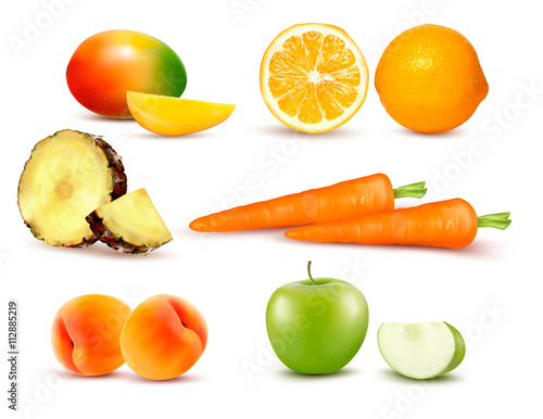 Big group of different fruit and vegetables. Vector.