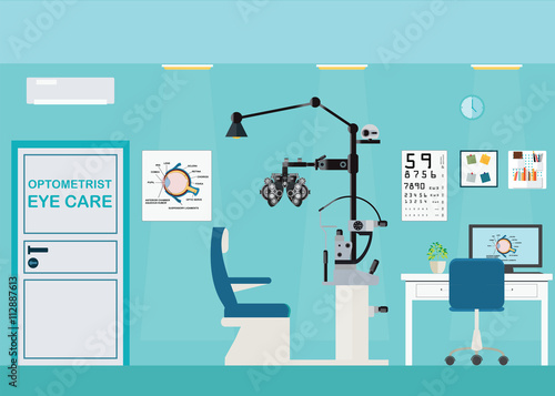 Ophthalmologist interior office with Phoropter.