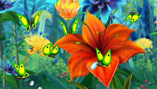 Green Butterfly and Red Flower full color image