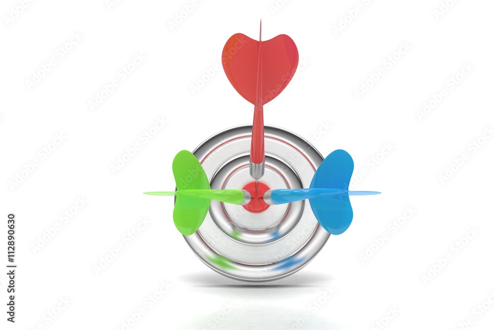 Three arrows darts in center. 3d rendering. Three arrows darts in center. 3d rendering.