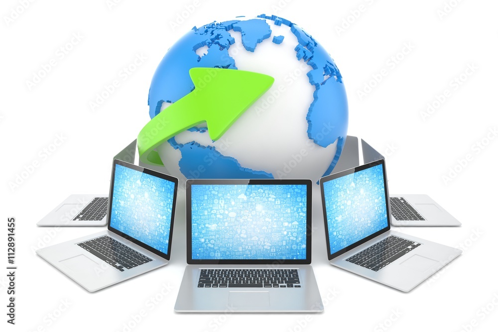Laptop network around earth globe. 3d render Laptop network around earth globe. 3d render