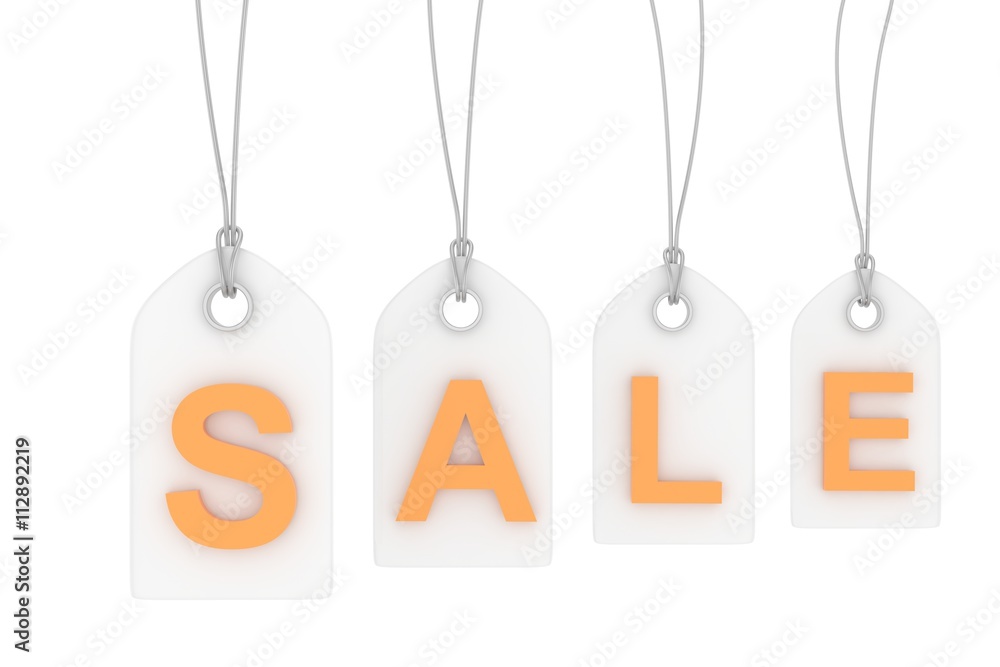 Colorful isolated sale labels on white background. Price tags. Special offer and promotion. Store discount. Shopping time. Orange letters on white labels. 3D rendering.