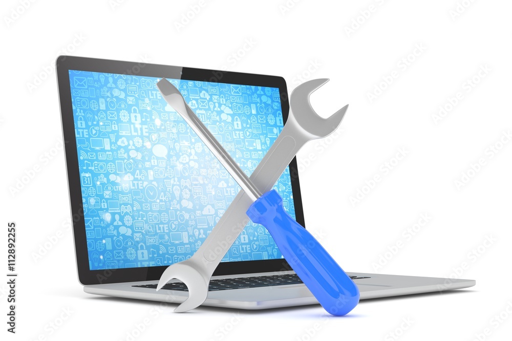 3D Illustration Wrench and screwdriver on laptop, service concept 3D Illustration Wrench and screwdriver on laptop, service concept