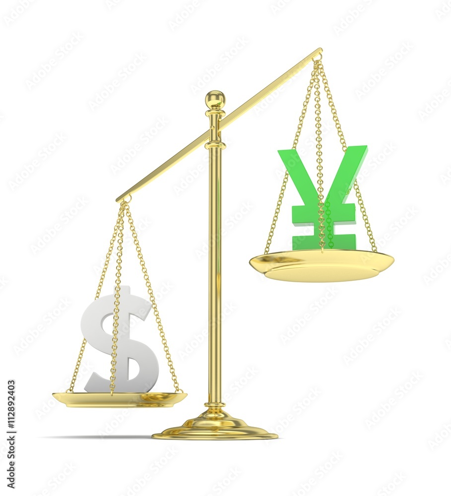 Isolated old fashioned pan scale with dollar and yuan,yen on white background. American and chinese and japanese currency. Dollar is heavier. Silver usd, green yuan. 3D rendering. Isolated old fashioned pan scale with dollar and yuan,yen on white background. American and chinese and japanese currency. Dollar is heavier. Silver usd, green yuan. 3D rendering.