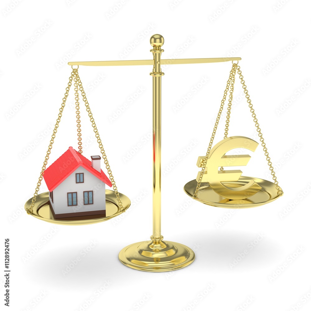 Isolated golden scales with golden euro and house on white background. Investment or savings concept. Real estate and currency. 3D rendering. Isolated golden scales with golden euro and house on white background. Investment or savings concept. Real estate and currency. 3D rendering.