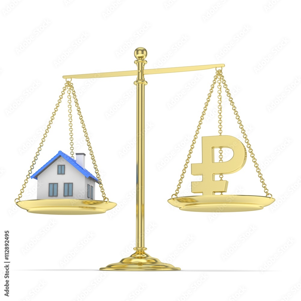 Isolated old fashioned pan scale with ruble and house on white background. Real estate vs russian currency. Affordable house. 3D rendering. Isolated old fashioned pan scale with ruble and house on white background. Real estate vs russian currency. Affordable house. 3D rendering.