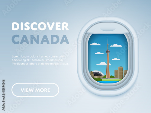 Discover Canada. Traveling the world by plane. Tourism and vacation theme. Attraction of airplane window. Modern flat vector design banner.