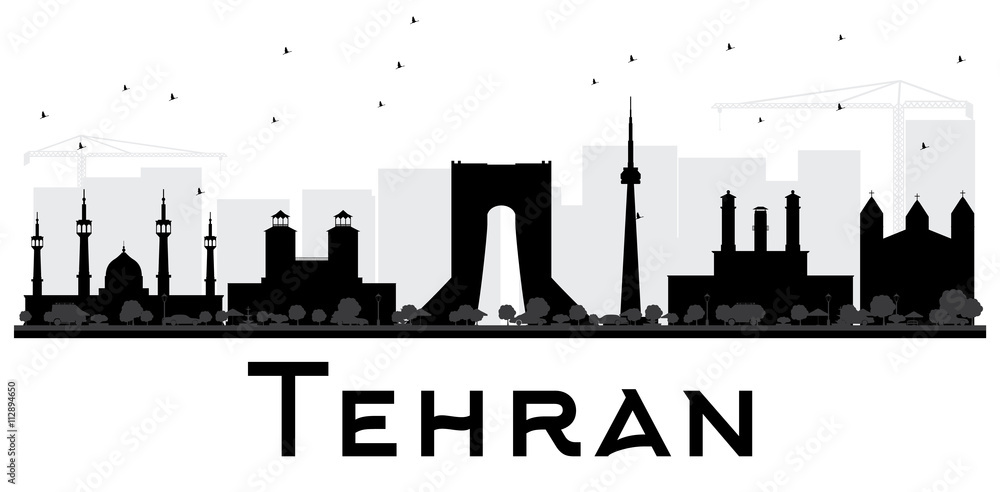 Obraz premium Tehran City skyline black and white silhouette.