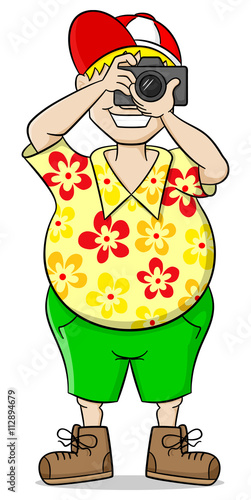 Cartoon Tourist mit Kamera, Sonnenbrille und bunten Hemd 