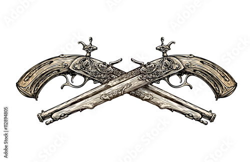 Crossed vintage Pistols. Hand drawn sketch ancient weapon. Duel. Vector illustration