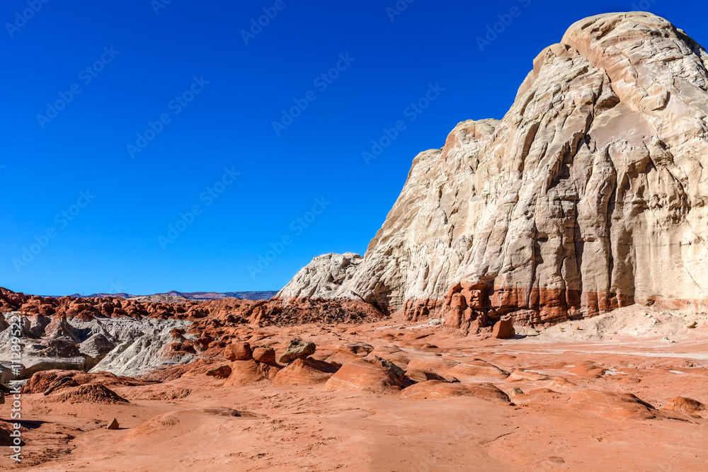 Toadstool Trail-north of Page Arizona.This fantasyland of mushroom formations against white cliffs and deep blue skies, is spectacular Toadstool Trail-north of Page Arizona.This fantasyland of mushroom formations against white cliffs and deep blue skies, is spectacular