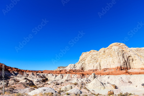 Toadstool Trail-north of Page Arizona.This fantasyland of mushroom formations against white cliffs and deep blue skies  is spectacular