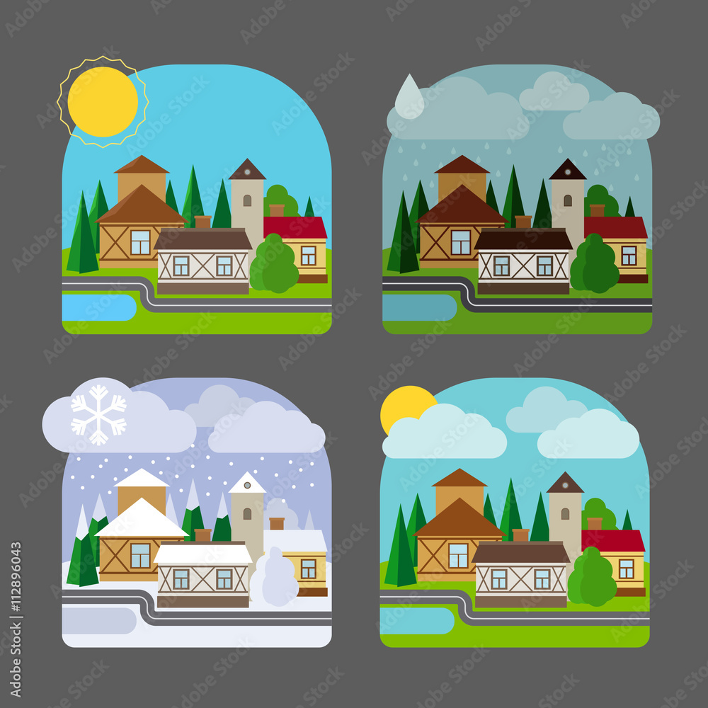 Small town landscape in flat style. Four seasons colorful landscape icons. Vector illustration
