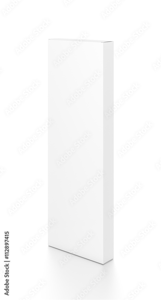 White tall thin vertical rectangle blank box from side angle. 3D illustration isolated on white background. White tall thin vertical rectangle blank box from side angle. 3D illustration isolated on white background.