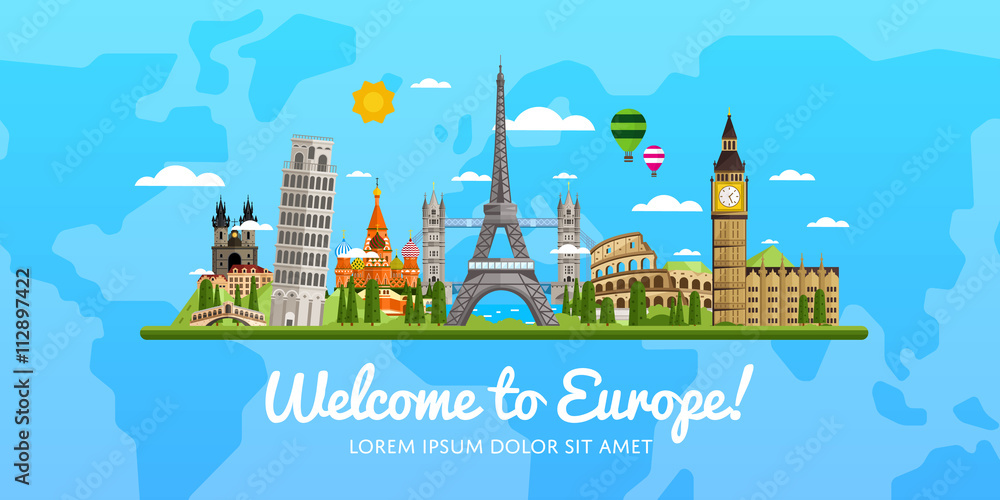 Welcome to Europe, travel on the world concept, traveling flat vector illustration. - obrazy, fototapety, plakaty 