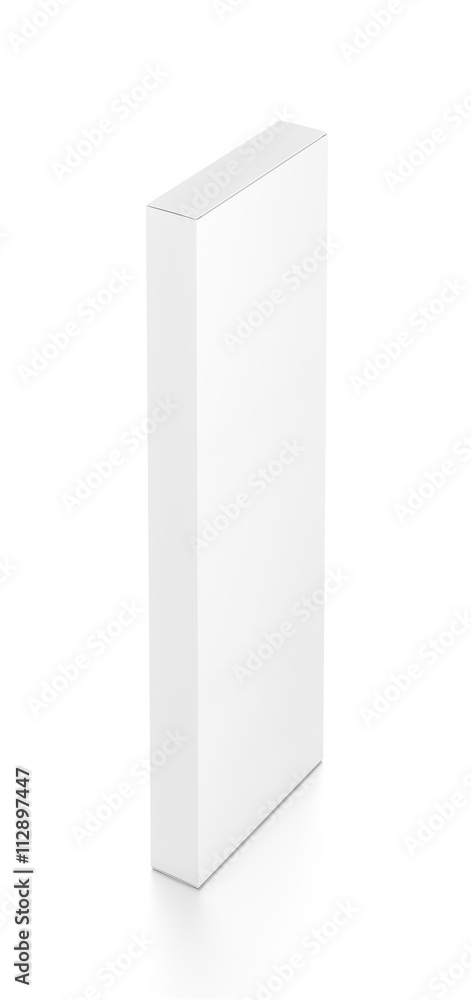 White tall thin vertical rectangle blank box from top far side angle. 3D illustration isolated on white background. White tall thin vertical rectangle blank box from top far side angle. 3D illustration isolated on white background.