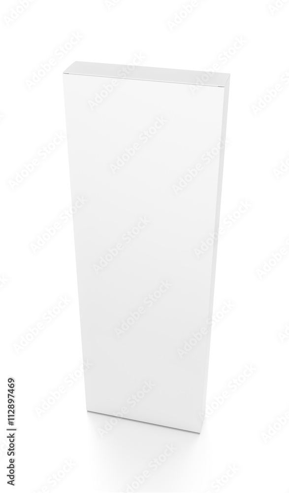 White tall thin vertical rectangle blank box from top front side angle. 3D illustration isolated on white background. White tall thin vertical rectangle blank box from top front side angle. 3D illustration isolated on white background.