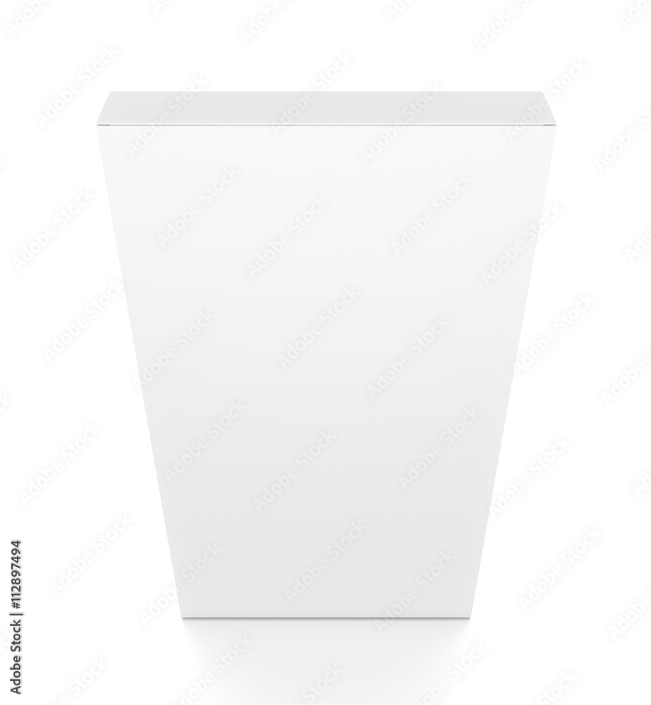 White tall thin vertical rectangle blank box from top front closeup angle. 3D illustration isolated on white background. White tall thin vertical rectangle blank box from top front closeup angle. 3D illustration isolated on white background.
