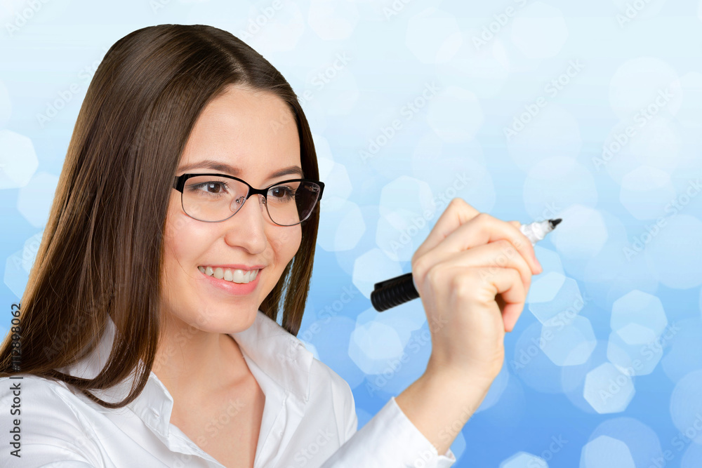 portrait of businesswoman pointing at floating screen portrait of businesswoman pointing at floating screen