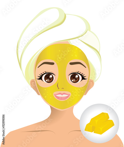 Vector of Cartoon girl with gold facial mask and Gold bar