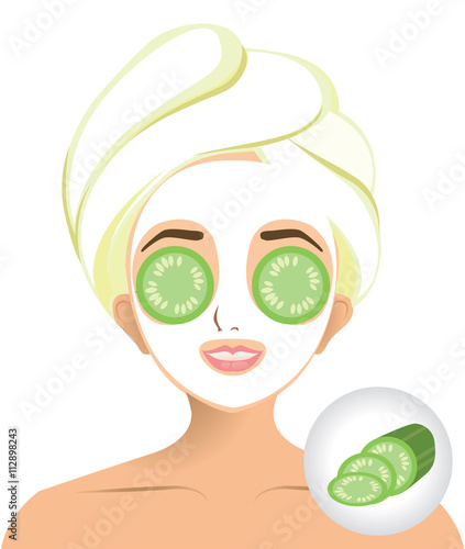 Vector of girl facial mask with cucumber slice mask