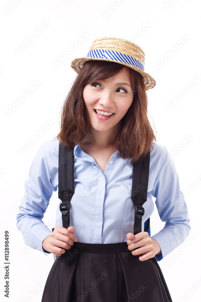 asian woman traveler looking up, studio isolated of woman model asian woman traveler looking up, studio isolated of woman model