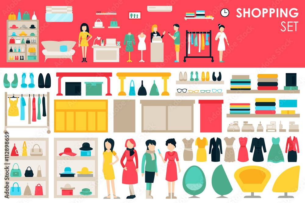 Obraz premium Shopping Big Collection in flat design background concept. Infographic Elements Set With Mall Staff Clothes And Furniture People Interior Fashion