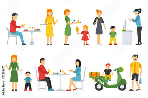 Pizza People in a interior flat icons set. Pizzeria conceptual web vector illustration.