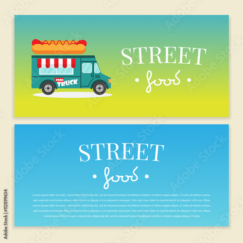 Street food truck vector illustration. Hot dog van delivery. Flat banner, flyer. Brochure design template vector with price and text