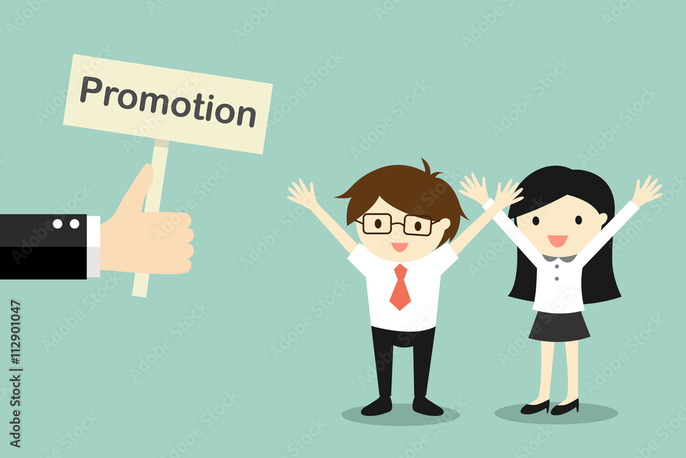 Business concept, Hand offers promotion to businessman and business woman. Vector illustration. Business concept, Hand offers promotion to businessman and business woman. Vector illustration.