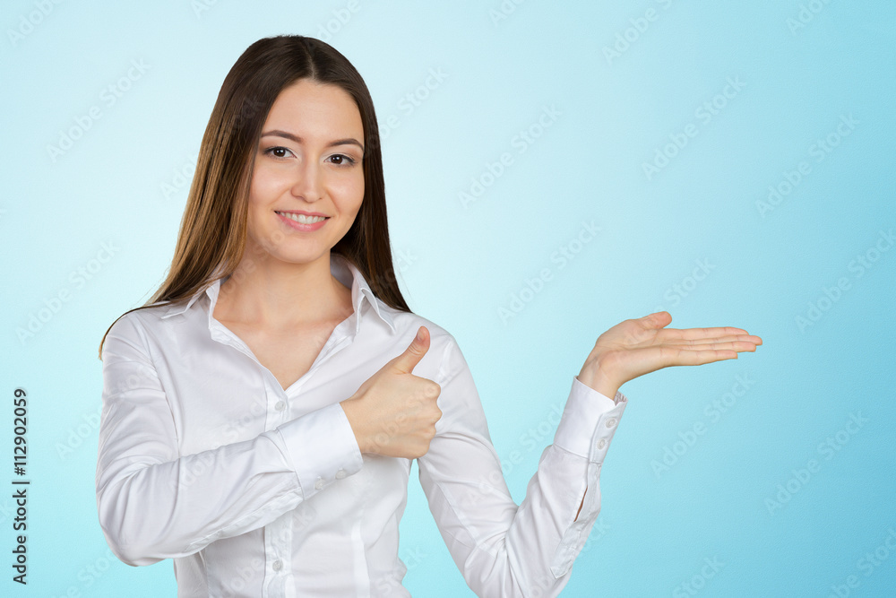 Woman showing copy space Woman showing copy space