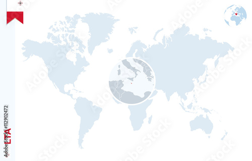 Blue world map with magnifying on Malta.