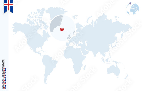 Blue world map with magnifying on Iceland.