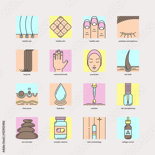 Set of color line icons of  hair, skin and nails