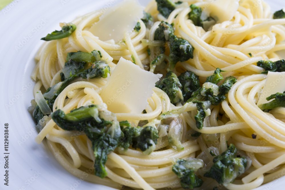 Spaghettis with spinach and Parmesan. Spaghettis with spinach and Parmesan.