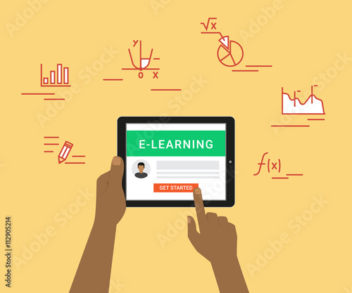 E-learning flat concept illustration of human hand using tablet pc for distance studying and education. Man holds in his hand black tablet pc and getting started distance education on website
