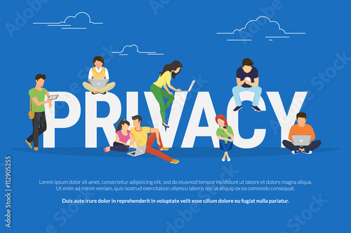 Privacy concept illustration of young various people using mobile gadgets such as tablet pc and smartphone via confidential internet tenologies. Flat design of guys and women near big letters