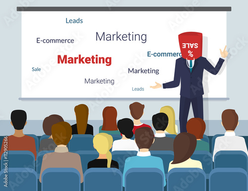 Business seminar speaker with shopping bag on his head does presentation and professional training about marketing, sales and e-commerce. Flat funny illustration of public conference and motivation