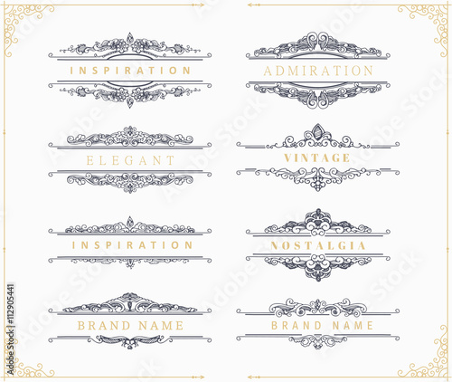 Collection of vintage flourishes calligraphic ornaments and frames. Retro style of design elements, decorations for postcard, banners, logos. Vector template