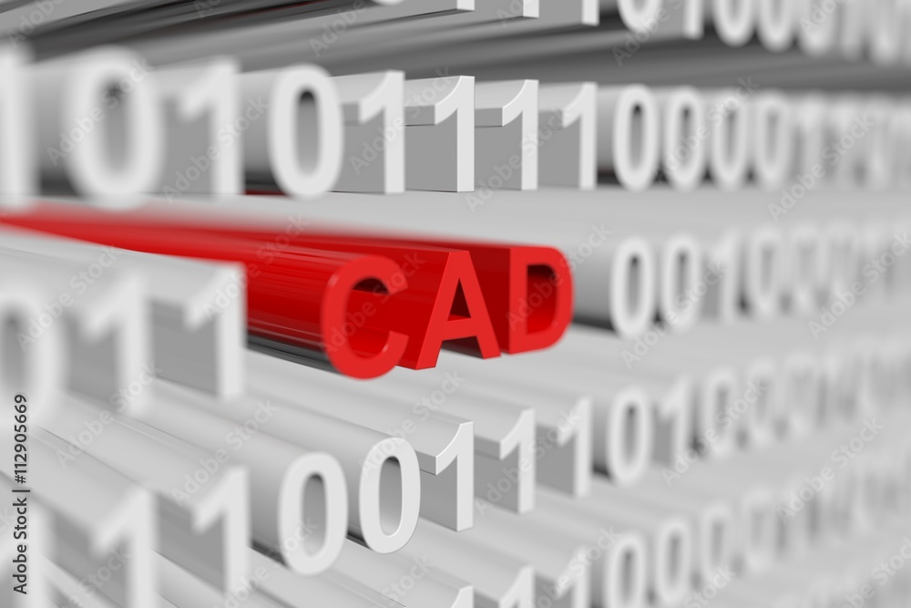 CAD as a binary code with blurred background 3D illustration