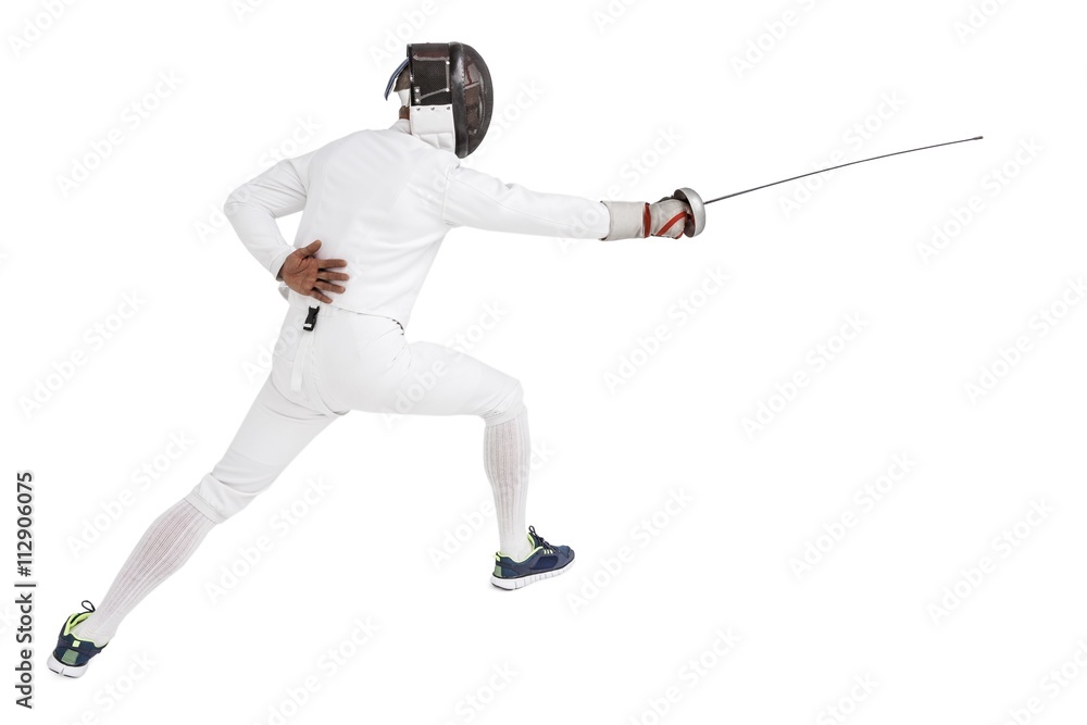 Man wearing fencing suit practicing with sword Man wearing fencing suit practicing with sword